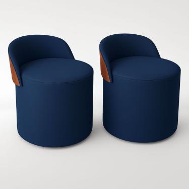 Imagem de Kit 2 Puff Redondo Curvo Orgânico Com Encosto Confortável Resistente Composé Suede Corino Suede Azul