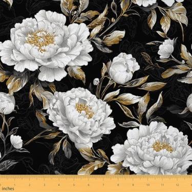 Imagem de Erosebridal Tecido de peônia branca por jarda flores tecido impermeável para ambientes externos pétalas de jardim tecido de estofamento botânico floral folhas DIY decoração de arte, 3 jardas