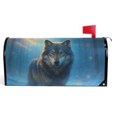 Imagem de Cool Cartoon Wolf Brown Blue Caixa de correio decorativa capas magnéticas outono caixa de correio vinil férias à prova de intempéries caixa de correio decoração tamanho padrão 52,6 x 45,8 cm