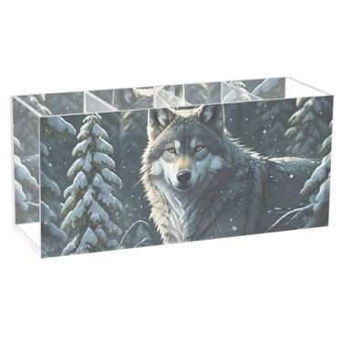 Imagem de TSENQUE Porta-canetas de mesa personalizado para decoração de casa, arte de inverno, lobo, floresta, organizador de acrílico e copos de lápis