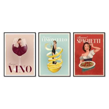 Imagem de Impressões em tela engraçadas italianas de comida e bebida – Pôster retrô de mulher em vidro com Limoncello Spaghetti Vino Pasta Cozinha Bar Decoração de parede (SKU4-3PCS, 12 x 16 polegadas = (30 x
