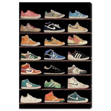 Imagem de Coleção de tênis nas prateleiras arte de parede de tênis impressão em tela por Art Remedy, Gallery Wrapped, 25 x 38 cm