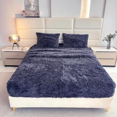 Imagem de chovy Jogo de lençol Queen de pele sintética azul marinho com flanela de veludo macio e felpudo (2 fronhas, 1 lençol de cima, 1 lençol com elástico)
