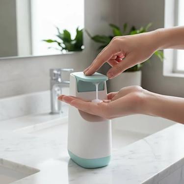 Imagem de Porta Sabonete Líquido Dispenser com Bico Corta Pingos, Branco e Azul, 350ml, 14cm Altura