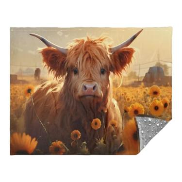 Imagem de CEBUGI Cobertor de flanela quente macio 127 x 178 cm para sofá-cama, escritório, acampamento, viagem, vaca em girassóis, uso em todas as estações