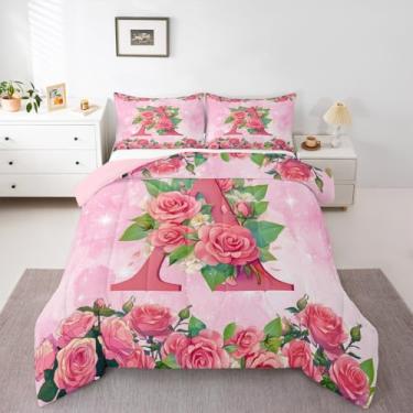 Imagem de jejeloiu Conjunto de edredom romântico, rosa, floral, floral, para crianças, meninos, meninas, alfabeto, personalizado, letra A, rosa, verde, 2 peças, 2 peças com 1 fronha