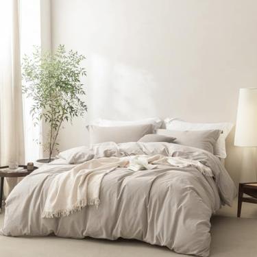 Imagem de BDEAR Capa de edredom cinza creme super king plus size 300 cm C x 300 cm L, 100% algodão lavado com fecho de zíper e 2 fronhas, sensação de linho, certificado padrão Oeko TEX