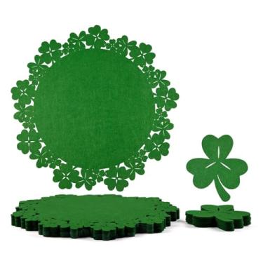 Imagem de Noctiflorous Jogo americano de feltro redondo de trevo de São Patrício com porta-copos conjunto de 6 tapetes para decoração de mesa, durável, resistente ao calor, antiderrapante, lavável, tapetes de