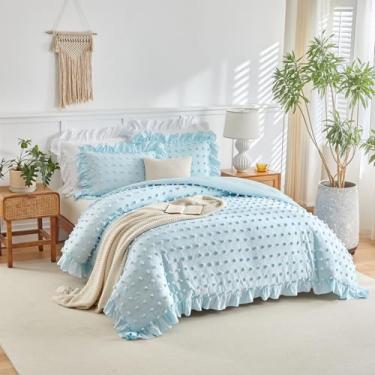 Imagem de Flysheep Conjunto de capa de edredom com babados e bolinhas adornadas, tamanho king, 3 peças, vintage, fazenda chique, babados, com fecho de zíper, conjunto de cama boêmio jacquard de luxo (azul, King