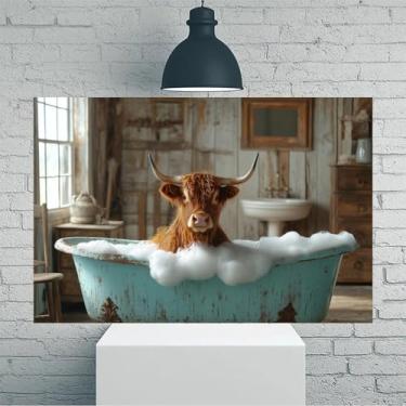 Imagem de Arte de parede em tela rústica vintage Highland Cow Bath Time - Pôster sem moldura de 20 x 30 cm - Decoração de casa e escritório para sala de estar, quarto, cozinha e café
