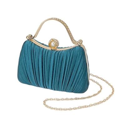 Imagem de Bolsa clutch feminina dourada com purpurina, plissada, para festa de casamento nupcial com anel de strass, Azul