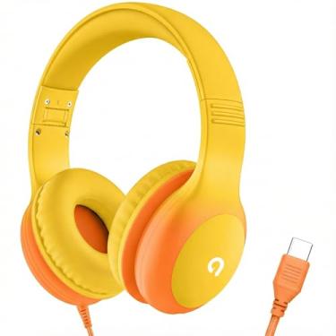 Imagem de ADOOPE Fones de ouvido infantis com fio com plugue USB C, proteção auditiva segura para limitar o volume de 85 dB, faixa de cabeça ajustável, fones de ouvido sem emaranhamento para escola, tablet