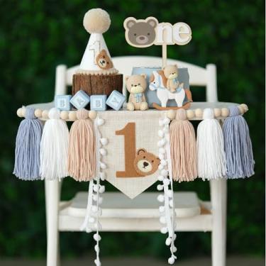 Imagem de Ereniko Decoração de banner para cadeira alta de primeiro aniversário menino com chapéu de aniversário de 1º feltro e topo de bolo azul cáqui para um ano de idade tema de urso decoração de festa
