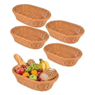 Imagem de Cestas de pão de vime poli, pacote com 5 cestas de pão de imitação de vime, cesta oval de plástico para servir comida, legumes, cozinha, restaurante, exterior (cor de chá)