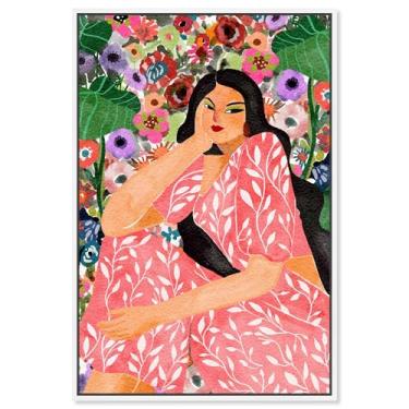 Imagem de Art Remedy Arte de parede de retrato boho moderno em tela cheia de flores, moldura branca, 25,4 cm x 38,1 cm