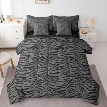 Imagem de Erosebridal Conjunto de edredom Queen com estampa de tigre cinza escuro para mulheres, homens e adultos - Conjunto de cama com estampa de pele de tigre selvagem de animal de tigre sintético de 7 peças