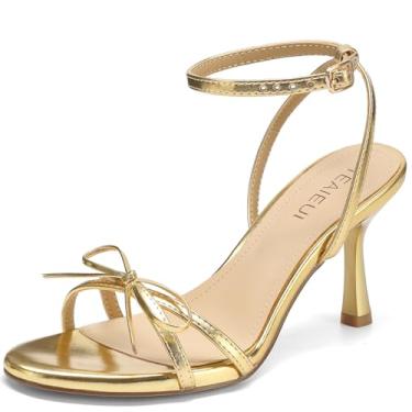 Imagem de TEAIEUI Sandálias femininas com laço de salto gatinho com tiras no tornozelo, sandálias femininas com bico aberto redondo, confortável, sapatos de festa, Dourado, 35