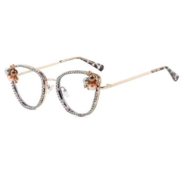 Imagem de HPIRME Óculos de lentes transparentes femininos, armação de óculos de pérolas, estilo feminino, luxuosos, em metal (estampa de leopardo)