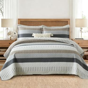 Imagem de EWlinens Colchas King Size 100% algodão – Conjunto de colcha King Farmhouse, cobertores, conjunto de edredom leve com patchwork listrado, conjunto de 3 peças com 2 fronhas, branco/marrom/cinza