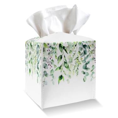Imagem de Suporte de capa de caixa de lenços de folhas verdes em aquarela, capa de caixa de lenços de couro com cinto inferior, organizador de papel facial quadrado para mesa, banheiro, cozinha, carro e
