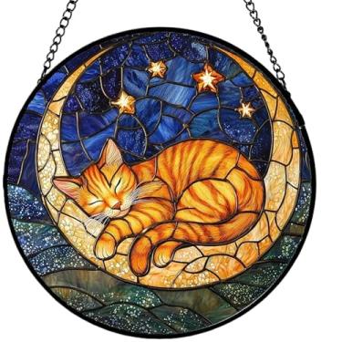Imagem de Ornamentos decorativos para pendurar – Gato adormecido lua laranja e céu estrelado azul apanhador de sol para casa, porta, janela com corrente