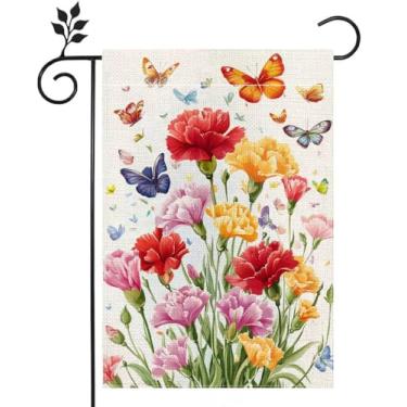 Imagem de Primavera cravos flores bandeira de jardim colorido floral bem-vindo quintal bandeira exterior dupla face 12x18 polegadas