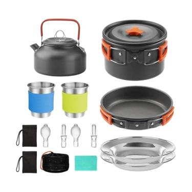 Imagem de harayaa Kit de utensílios de cozinha para camping: panela, frigideira, chaleira, conjunto de cozinha para camping, copos, pratos e garfos para churrasco, Laranja