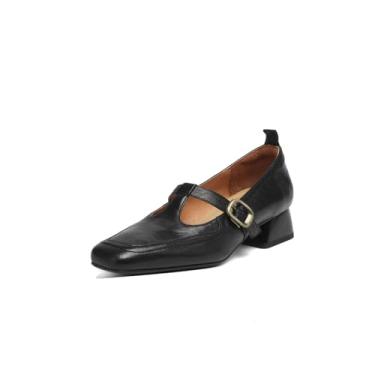 Imagem de TinaCus Mocassim feminino feito à mão, couro legítimo, bico quadrado, tira em T, fivela, salto baixo, para escritório, Preto, 38