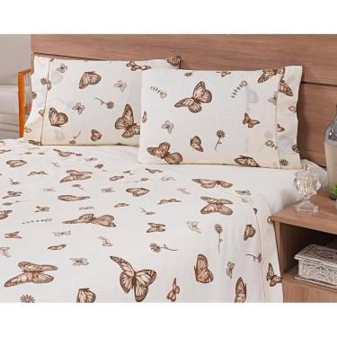 Imagem de Jogo Lençol Viúva 4 Peças 200x100x30 100% Algodão 300 Fios Estampado Borboletas Cáqui Fundo Palha