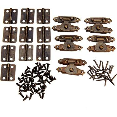 Imagem de Fecho de fivela retrô antigo, fecho de olhal, 10 peças de dobradiças de armário de móveis bronze + 5 peças de joias caixa de madeira interruptor fivela trava de porta ferro retro hardware acessórios