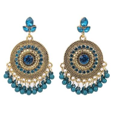 Imagem de fxmimior Brincos de pingente boêmio indiano Jhumki com pingente de candelabro boêmio, folha de cristal, jhumka, cigano, declaração, sino, miçanga, borla, brincos para mulheres, festas, festivais