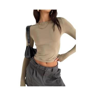 Imagem de Camiseta Feminina De Manga Longa Slim Fit, Básica, Sólida, Pullover, E