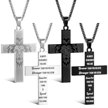 Imagem de Kingdder Colar de cruz cristã para homens, 23,6 cm, aço inoxidável, preto, prata, cruz, corrente negrita, cabeça de leão, presentes religiosos para pai, namorado, marido, aniversário, presente de