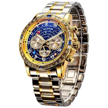 Imagem de Glenaw Relógios automáticos masculinos - Relógio mecânico masculino com mostrador giratório com estrela celestial, mostrador diurno e fase da lua, relógio de corda automática, ponteiros luminosos