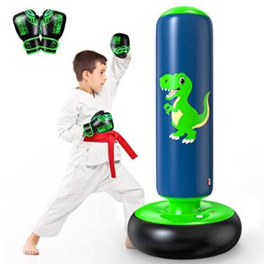 Imagem de QPAU Saco de pancadas inflável, saco de boxe inflável estável de 121 cm para crianças de 3 a 6 anos, brinquedo de dinossauro e presentes para meninos e meninas, conjunto de boxe infantil para praticar