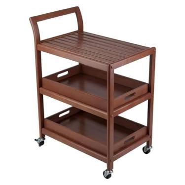Imagem de Carrinho utilitário Carrinho de armazenamento cozinha móvel madeira 3 camadas com rodas fechadura e duas bandejas removíveis, quatro rodízios