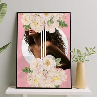 Imagem de Quadro Mulher Morena Flores Rosa 45X34Cm - Com Vidro