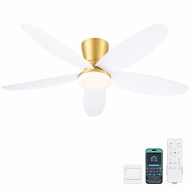Imagem de Surtime Ventiladores de teto de 106,7 cm com luzes - Ventilador de teto de perfil baixo com luz e controle remoto/aplicativo, ventilador de teto dourado com lâminas brancas reversíveis