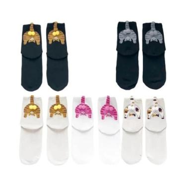 Imagem de Meias De Casal De Gato De Desenho Animado Fofas, De Algodão, Cano Médi