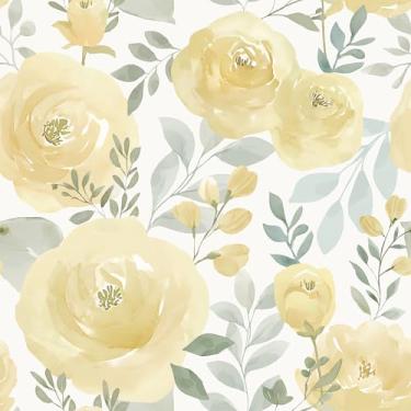 Imagem de VEELIKE Papel de parede floral amarelo pastel descasque e cole papel de parede vintage macio peônia para quarto de meninas quarto berçário 48 cm x 354 cm papel de contato autoadesivo removível mural