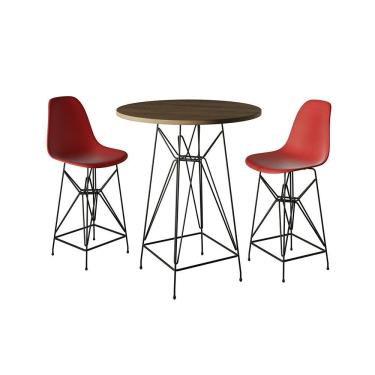 Imagem de Jogo Mesa Bistrô Eames Tampo Amêndoa 60Cm 2 Banquetas Vermelha Base Ferro Preto - Cor: Amendoa