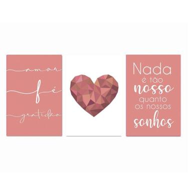 Imagem de Kit Placas Quadros 3 Peças Mdf 20x30 Coração Rose