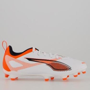 Imagem de Chuteira Puma Ultra 5 Play FG/AG Campo Juvenil Branca e Laranja-Masculino