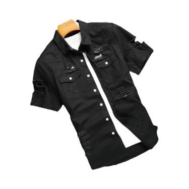 Imagem de Camisa jeans masculina rasgada com bolso e aba sem camiseta - others, 