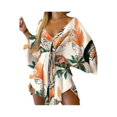 Imagem de Vestido Boêmio Feminino Estampado - Decote V, Manga Morcego e Babado -