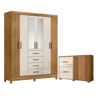 Imagem de Guarda Roupa Solteiro Aruba 6 Portas 4 Gavetas MDP-MDF com Espelho Freijó Off White Brilho Moval Móveis