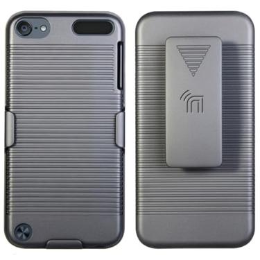 Imagem de Nakedcellphone Capa com clipe para iPod Touch 7/6/5, capa dura preta com nervuras e suporte de cinto com suporte para Apple iPod Touch 7ª 6ª 5ª geração