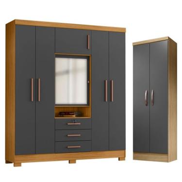 Imagem de Guarda Roupa Casal Imperial E Armário Multiuso New Egito Carvalho Americano Grafite - Incorplac