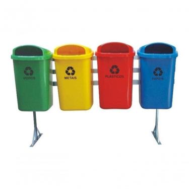 Imagem de Conjunto de Lixeiras Coleta Seletiva de Lixo 50 Litros 4 Lixeiras com Suporte Metálico...