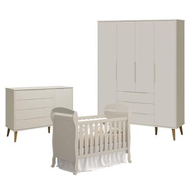 Imagem de Quarto De Bebê 4 Portas Com Cômoda Com Porta Elfe Retrô E Berço Americano Danny Areia Acetinado Amadeirado - Reller